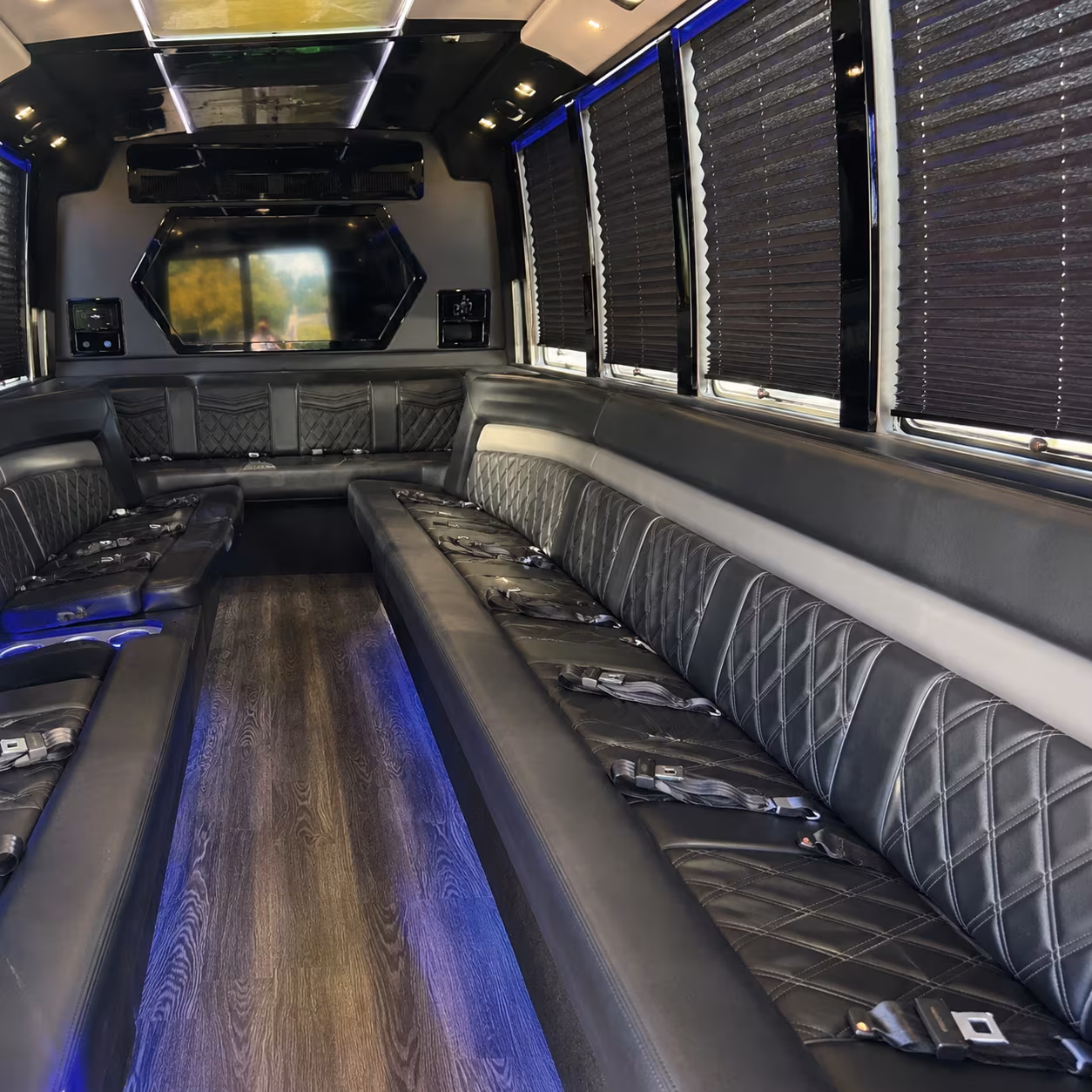 Passenger seating aboard a party bus rental serving Chattanooga